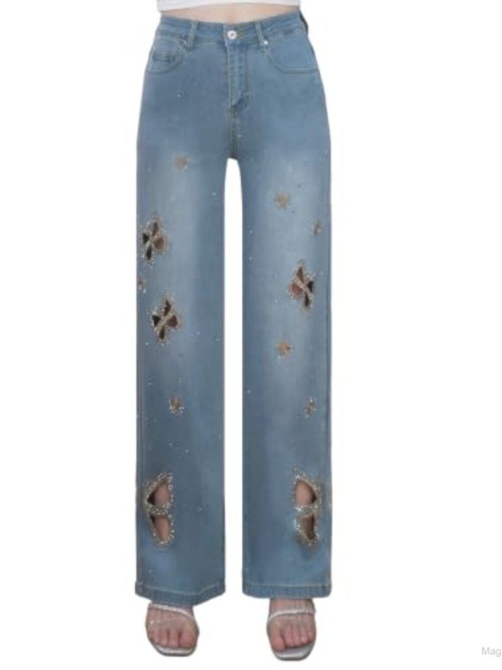 Wide Leg Jeans Rhinestone Butterfly Embroidery Denim